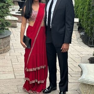 Pre draped red ruffle lengha sari